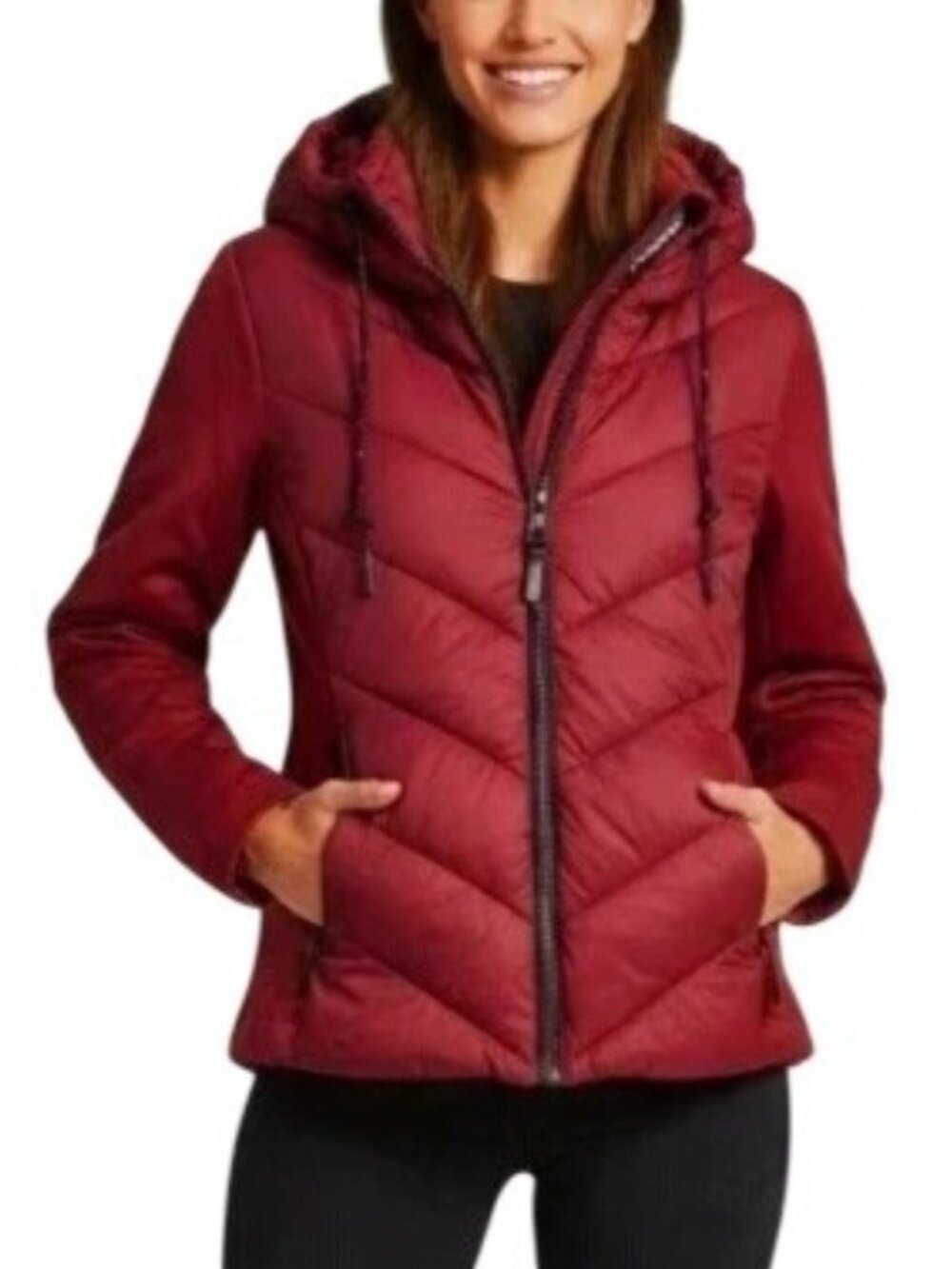 DKNY Women's M Hooded Quilted Jacket Burgundy Nylon Blend Full Zip